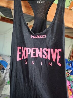 InkAddict Women’s Black Tank Top with Pink "Expensive Skin" Print